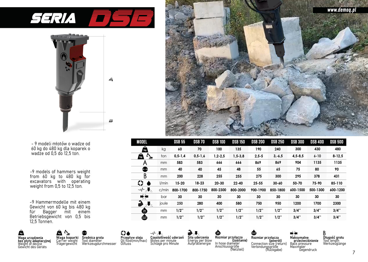 DEMOQ DSB 500 Hydraulic breaker 480 KG - Hydraulic hammer for Excavator: picture 3 DEMOQ DSB 500 Hydraulic breaker 480 KG - Hydraulic hammer for Excavator: picture 3