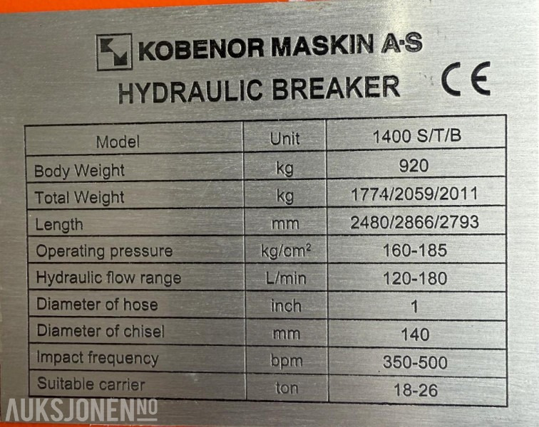 Ny KM 1400 Pigghammer med s70 HK feste - Hydraulic hammer for Construction machinery: picture 5 Ny KM 1400 Pigghammer med s70 HK feste - Hydraulic hammer for Construction machinery: picture 5