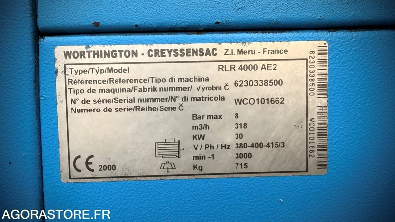 COMPRESSEUR D AIR CREYSSANSAC WORTHINGTON RLR 4000 AE2 -30KW/40CV - Air compressor: picture 2 COMPRESSEUR D AIR CREYSSANSAC WORTHINGTON RLR 4000 AE2 -30KW/40CV - Air compressor: picture 2