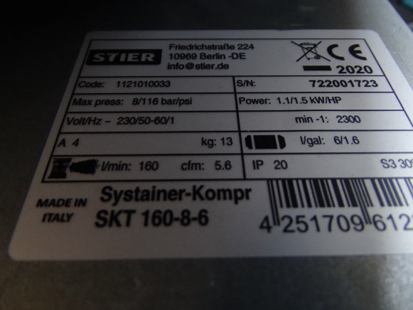 Compresseur STIER SKT 160-8-6 dans son systainer - Air compressor: picture 3 Compresseur STIER SKT 160-8-6 dans son systainer - Air compressor: picture 3