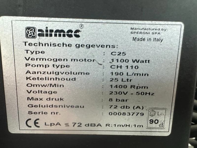 Airmec C25 Oliegesmeerde Zuigercompressor 1.65 PK 190 L / min 8 Bar Overstock - Air compressor: picture 3 Airmec C25 Oliegesmeerde Zuigercompressor 1.65 PK 190 L / min 8 Bar Overstock - Air compressor: picture 3